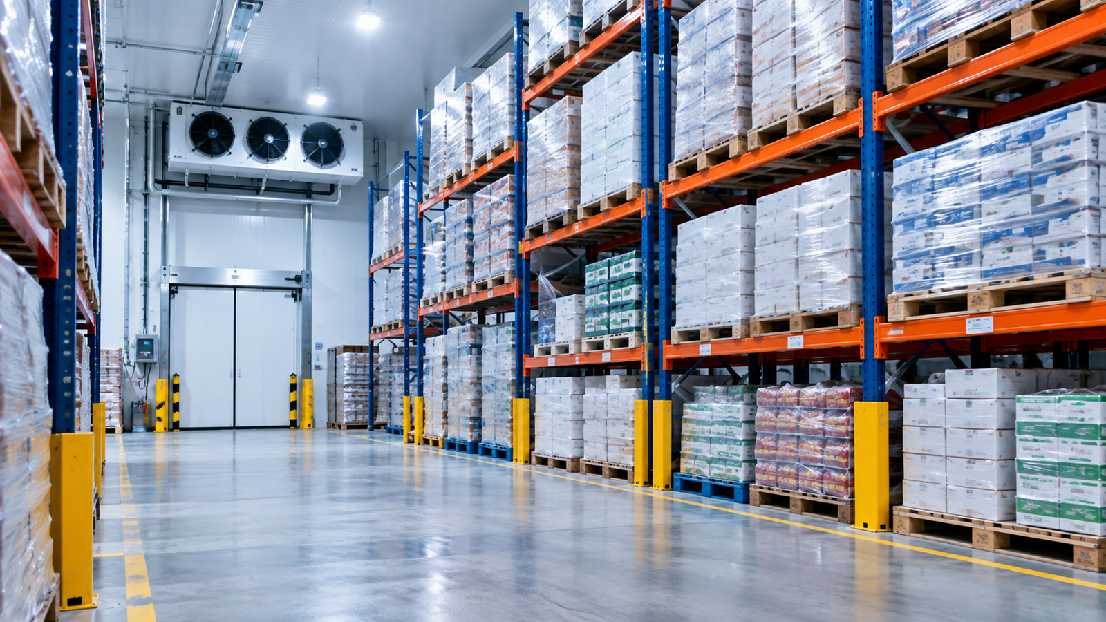 Cámara frigorífica con productos almacenados en estanterías industriales